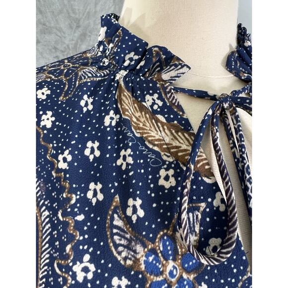 Cara Cara Tanglewood Dress Batik Navy Blue Midi Cinch Waist Long Sleeve Boho S - Picture 3 of 14